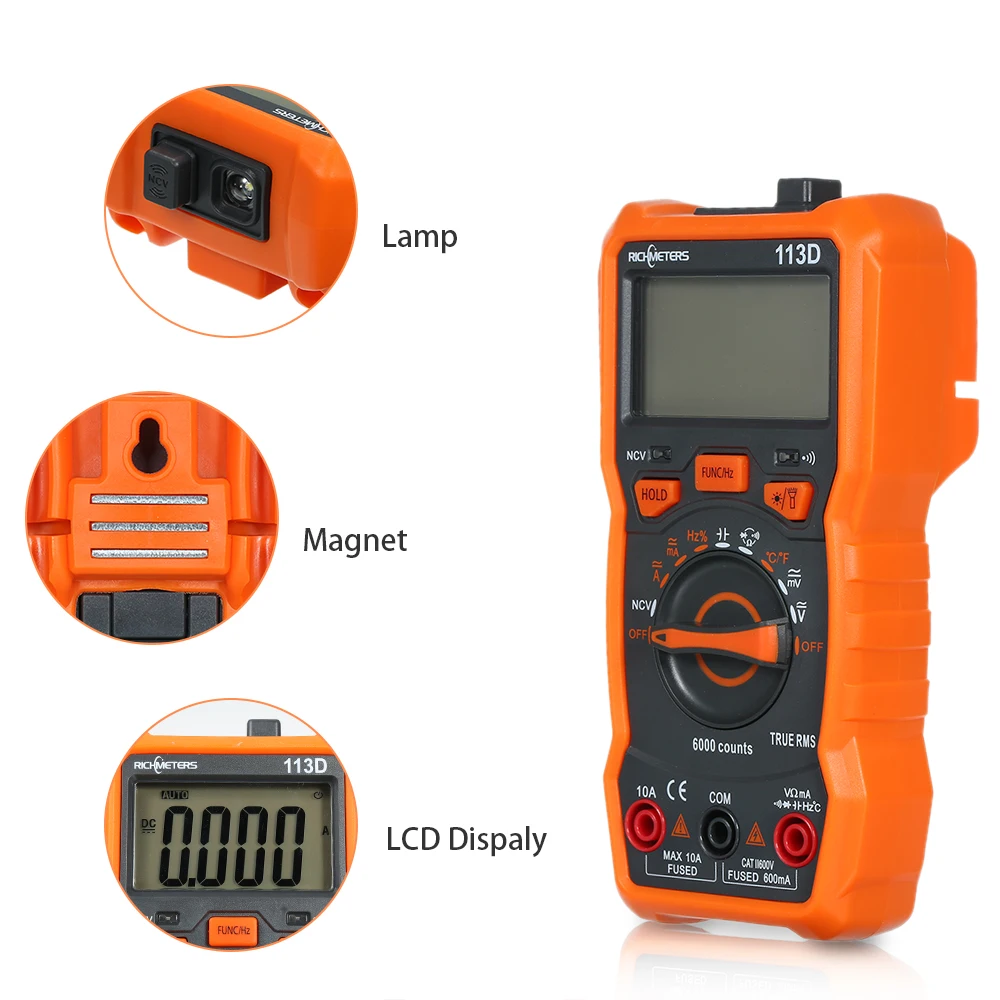 RICHMETERS-multímetro Digital RM113D NCV, medidor de voltaje de ca/cc de rango automático, 6000 recuentos, luz trasera de Flash, pantalla grande, RM113A, RM403