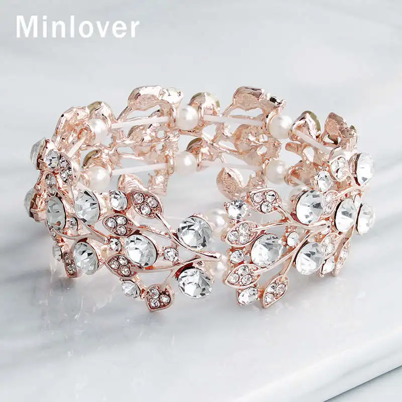Minlover розовое золото цвет листья горный хрусталь невесты браслеты для женщин очаровательные свадебные браслеты модные новые ювелирные изделия MSL108
