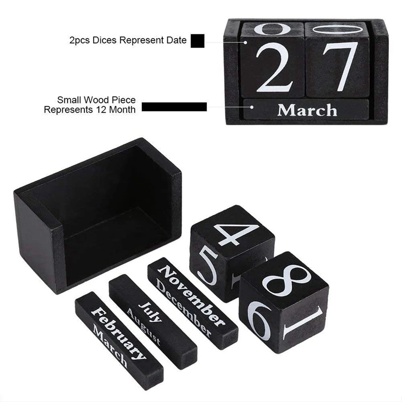 

2 Pcs Perpetual Calendar Shabby Chic Blocks Desktop Calendar Rustic Wooden Squares Calendar Home Office, Black & White
