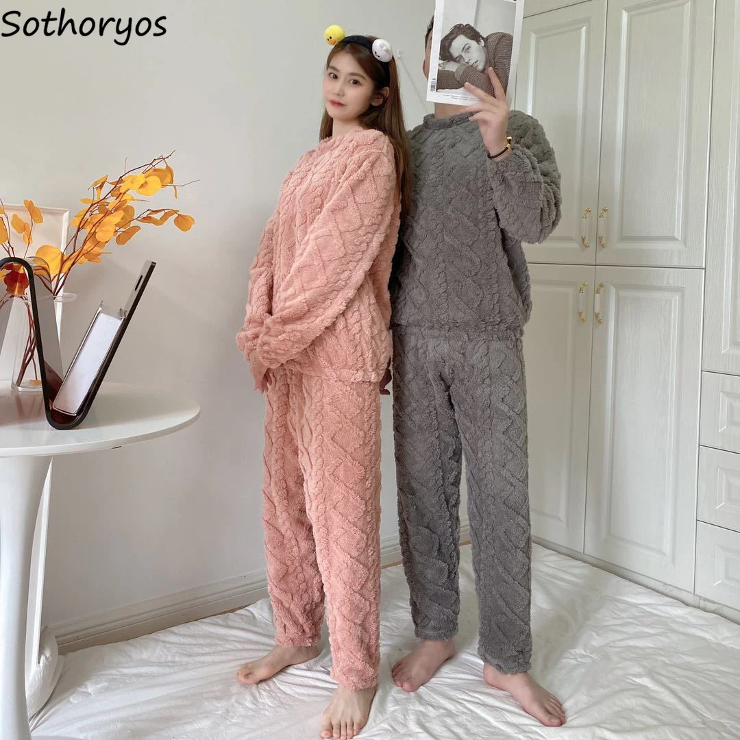 

Solid Pajama Sets Women Loose Cozy Thicker Warm Full Length Pants Long Sleeve Tops Couple Sleepwear Flannel Lounge Winter Casual