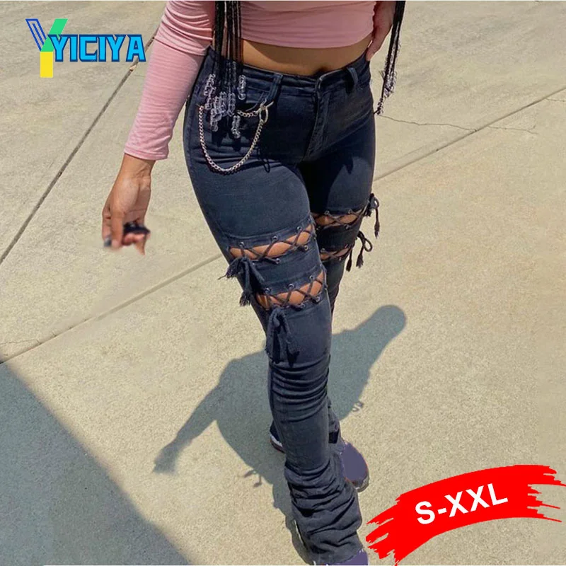 

YICIYA Plus Size Low Rise Hollow Out Sexy Lace Up Stacked Jeans Women Slim Ripped Skinny Denim Pants Street Slit Trousers,met