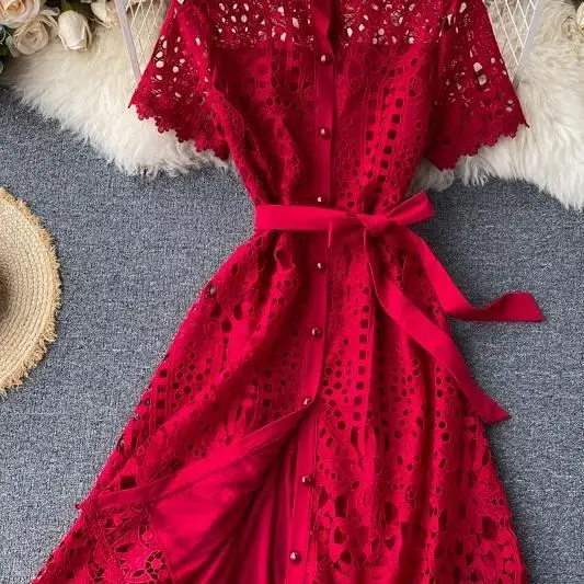 

Summer Lace Dress Women 2020 New Vintage Sexy Hollow Out Balck Mujer Casual Short Sleeve Beach Red Dresses Party Vestidos