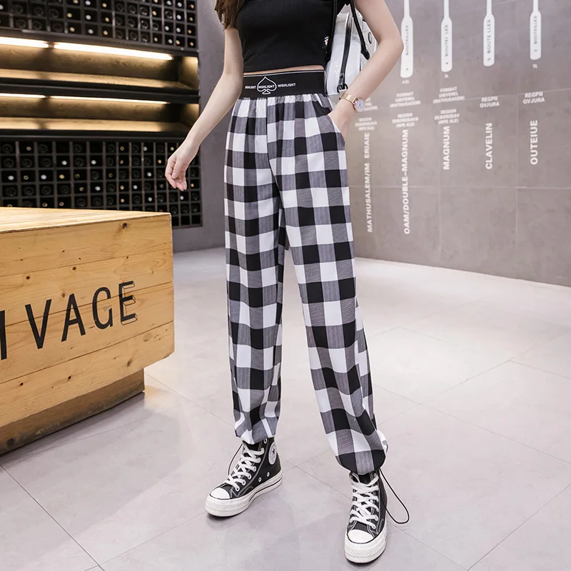 

Women Spring Summer Loose Plaid Wide Leg Pants Female Hit Color High Street Fashion Trousers Ladies New Brand Casual Pants ML54