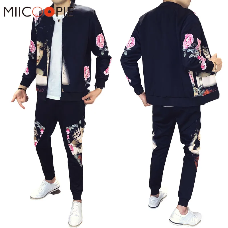 

Streetwear Men Jackets Set 2 Pieces Autumn Chinese Style Flowers Printed Casual Jacket + Pants Sets Sportwear Zipper Tracksuit