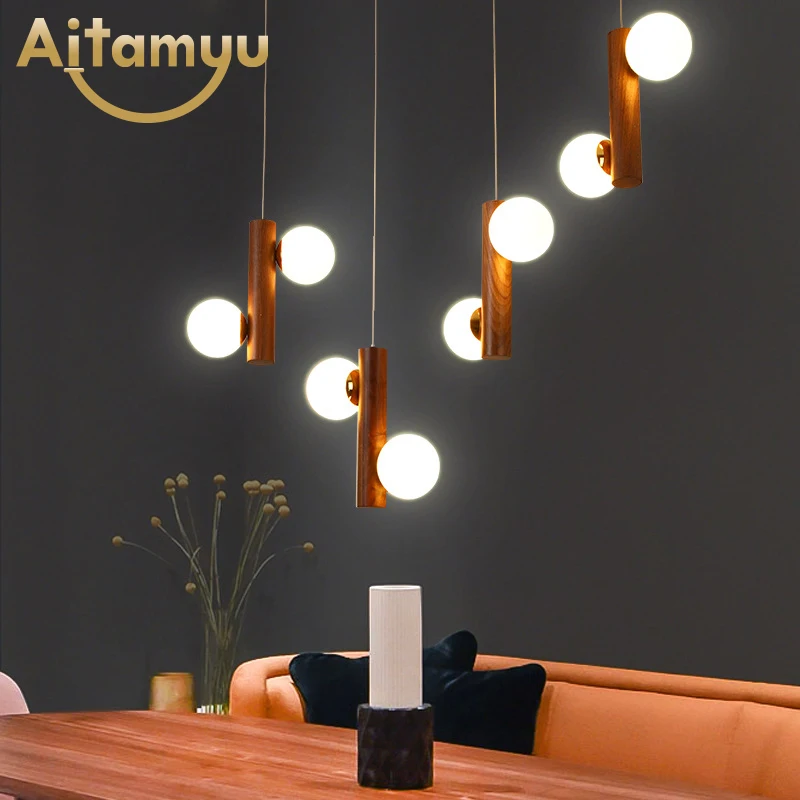 Скандинавский длинный Трубчатый Деревянный подвесной светильник со стеклянными