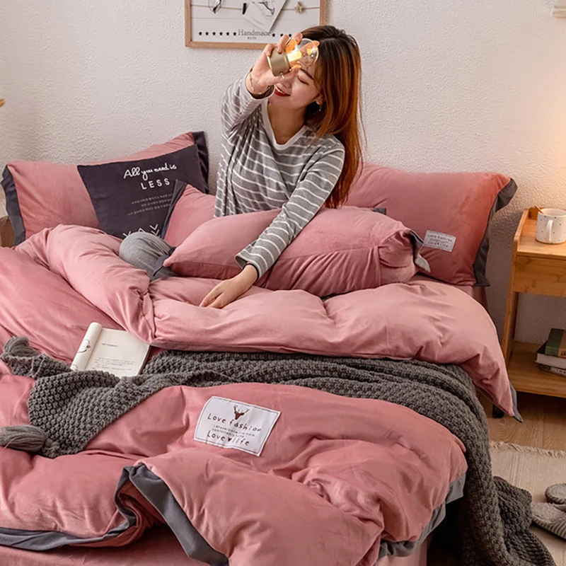 Solid Color Bedding Set Coral Fleece 4pcs Bed Sets Bedclothes Duvet Cover Sheets Pillowcase Winter Thicken Comfortable Coverings | Дом и сад