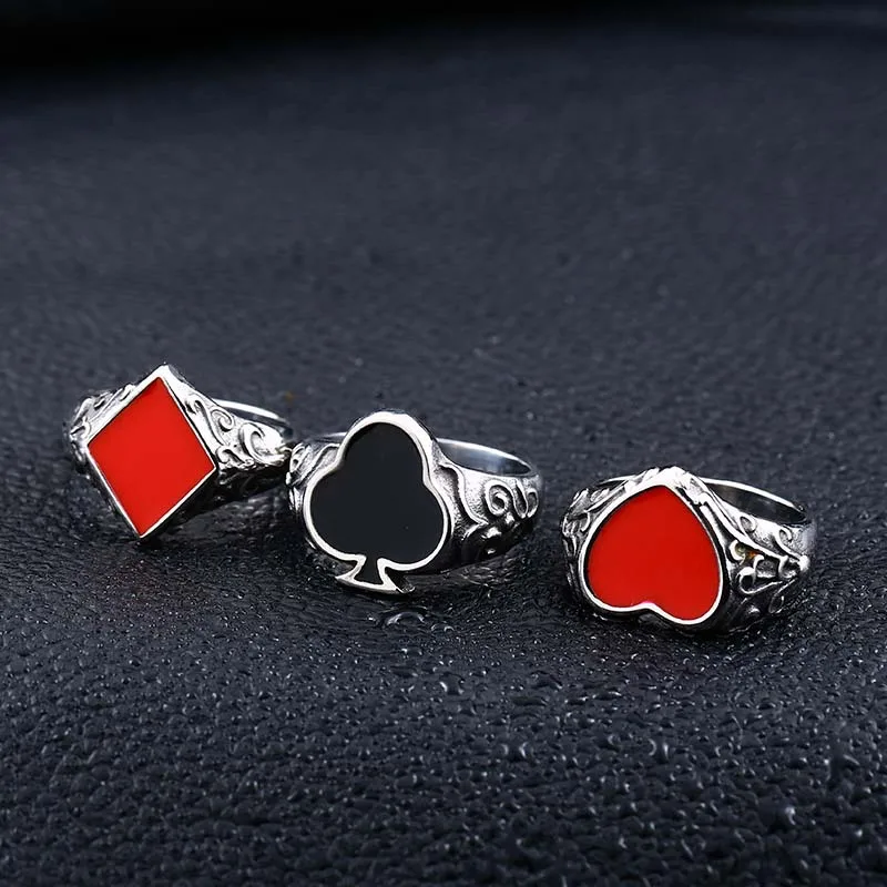 

New Titanium Steel Men's Ring, Poker Box, Plum Blossom, Red Heart Personality Ring, European and American Retro Ring