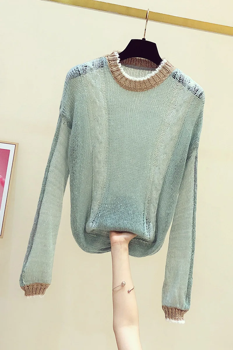 

2020 Autumn New Korean Fashion Thin Sweater for Women Long Sleeve Pullover Loose Contrasting Color Hollow Out Lady Bottom Shirts