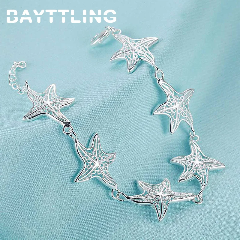 

BAYTTLING 8 Inch Silver Color Fine Hollow Starfish Pendant Bracelet For Woman Fashion Charm Wedding Jewelry Bracelet Gift