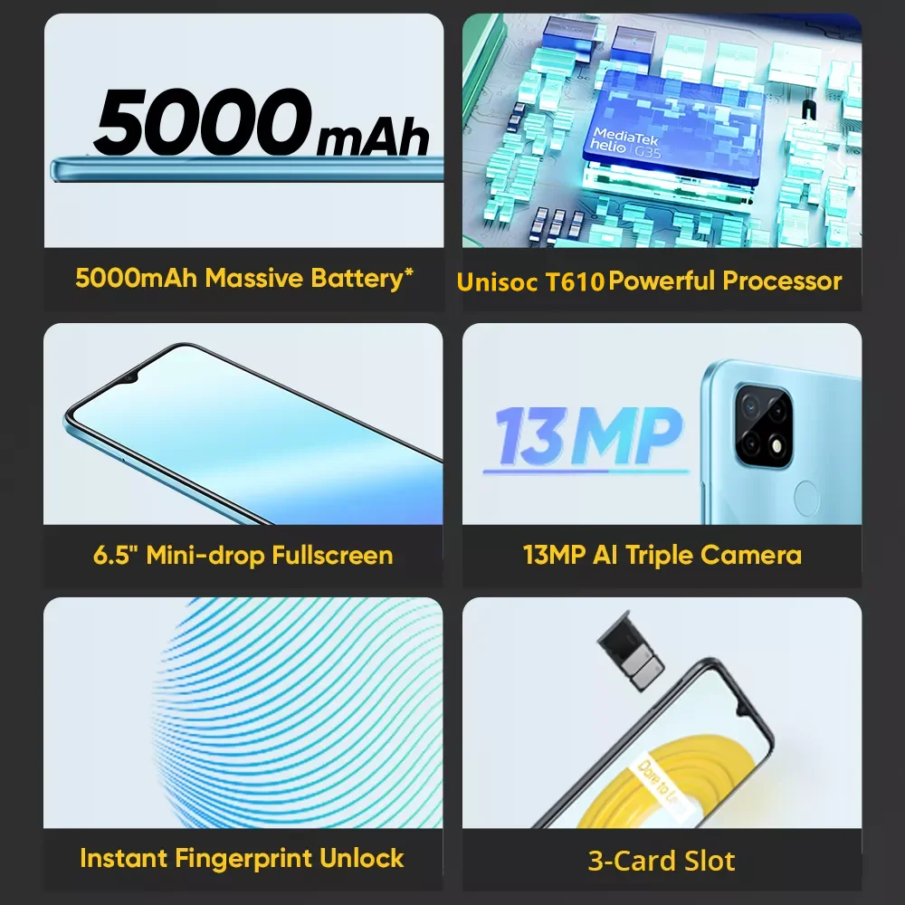 realme c21y smartphones 4gb 64gb 6 5 ips lcd dual sim global version 13mp ai triple camera unisoc t610 cpu 5000mah mobile phone free global shipping