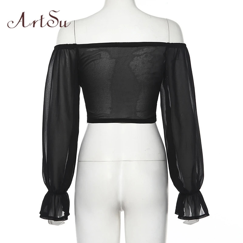 Женская шифоновая блузка ArtSu черная с вырезом лодочкой и расклешенными рукавами