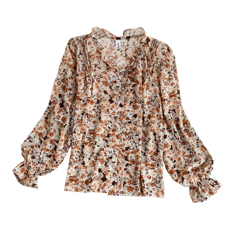 

2020 Autumn New Style Thin and Versatile Loose Temperament Jacket Trumpet Sleeves V-neck Floral Chiffon Shirt Women GX1467