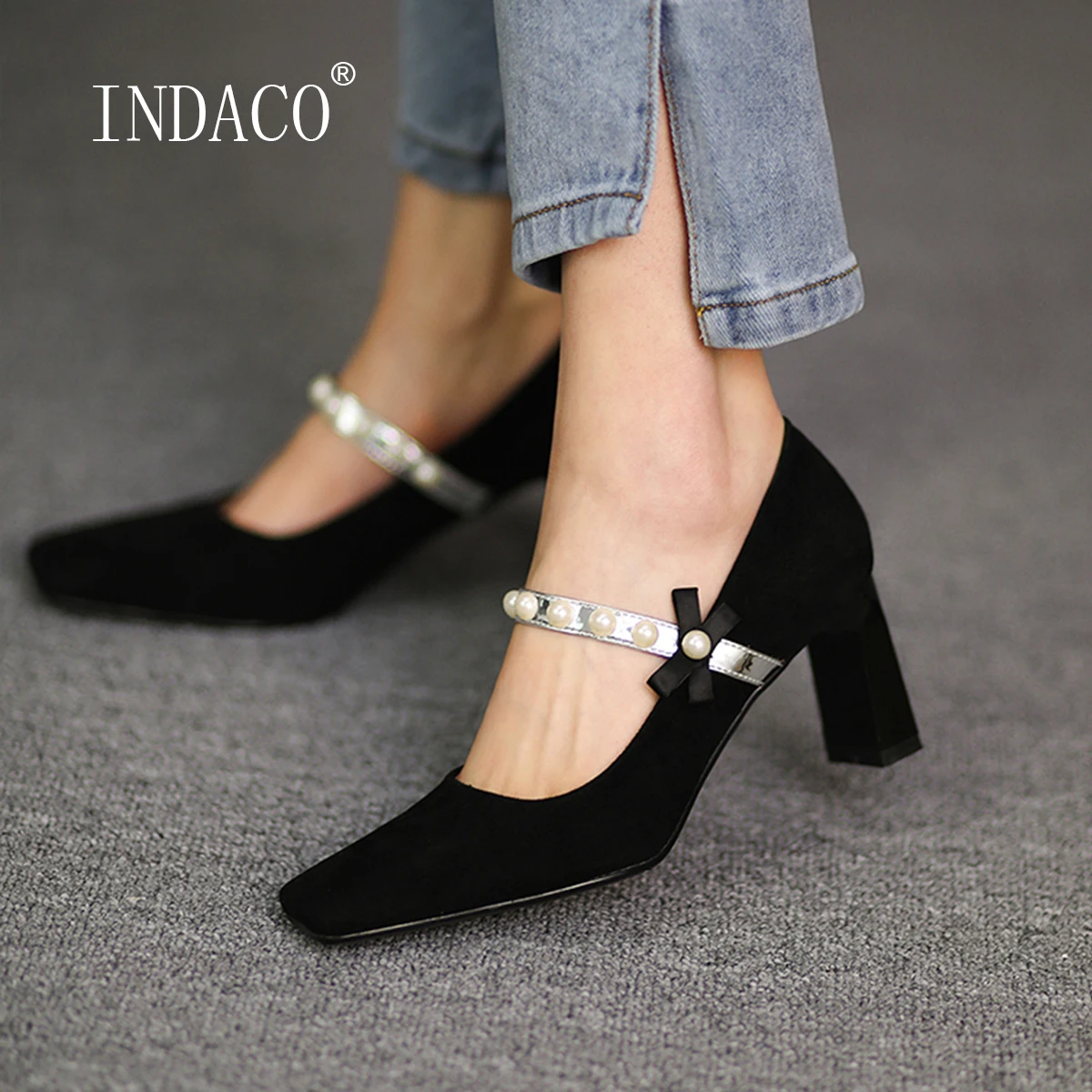 

2021 Spring Women Shoes Heels Black Square Toe Kid Suede Mary Janes Shoes Pearl Party Shoes Size 33-40