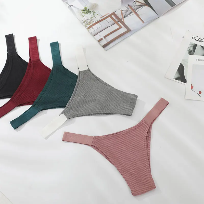 

Letter Pink Cotton Thong Elastic Comfy Women Underwear Ribbed High Quality Female Panties high-Cut Low Waist Ladies Lingerie
