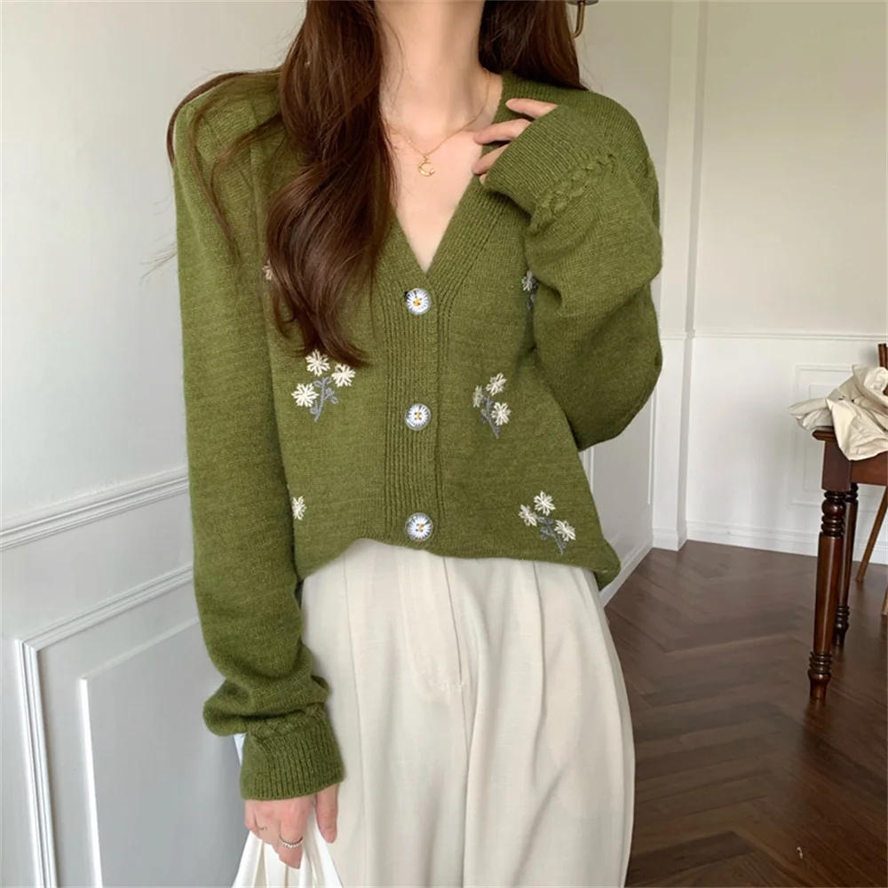 

Alien Kitty Sweet Knitted Women Coats Flowers Embroidery Chic Gentle Vintage Cardigans Hook Floral Loose Autumn Casual Sweaters