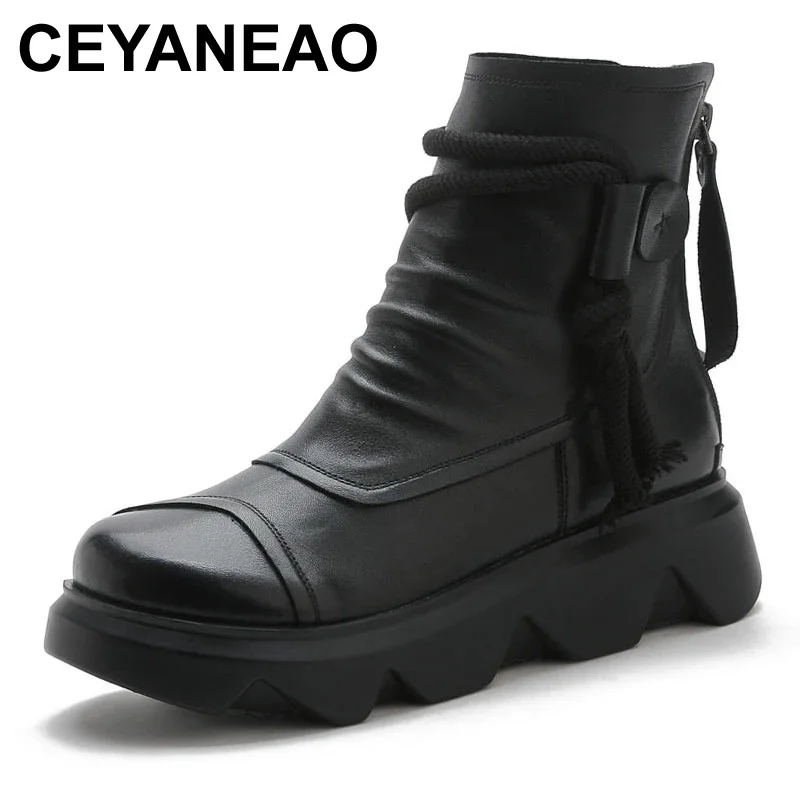 

Классические Осенние ботинки CEYANEAO из воловьей кожи в стиле ретро, женские ботинки на платформе, Нескользящие ботинки-мартинсы, зимние ботинки