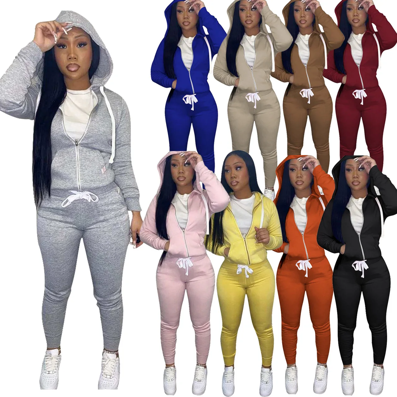 

Casual Women Two Piece Sets Hot Selling Solid Color Zipper Hooded Coats Lace-up Skinny Sport Pants Fall 2021 Tracksuits Suits