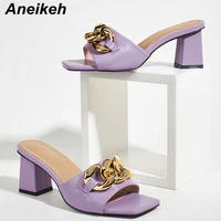 aneikeh 2021 new fashion pu women shoes summer square heel peep toe slipper novelty shallow metal decoration patchwork elegant