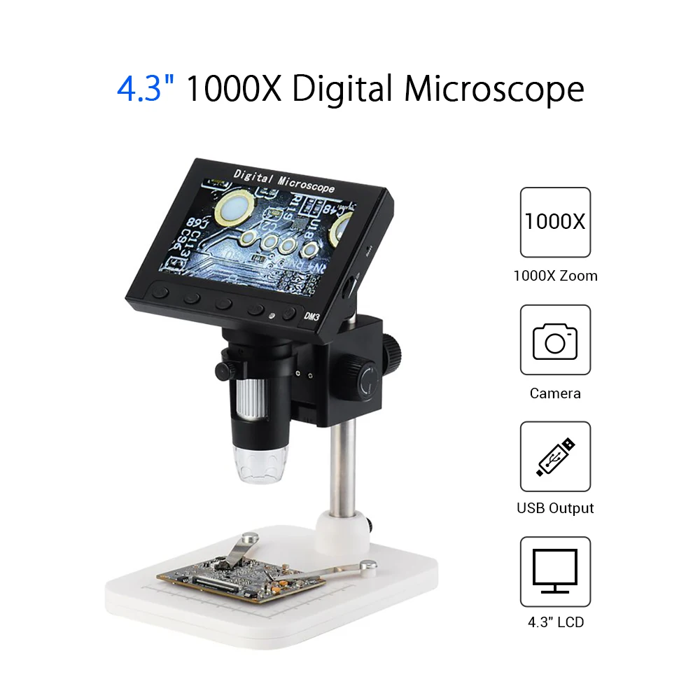 

4.3" LCD Digital Microscope HD 720P DM4 1000X Zoom Digital Microscope Endoscope Record With Stand