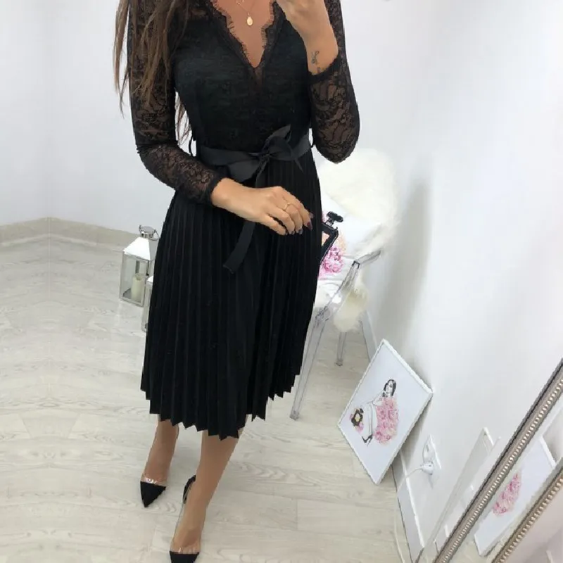 BEFORW, сексуальное женское кружевное платье с v-образным вырезом, повседневные, вечерние, плиссированные, шифоновые платья,, элегантные, свежие, черные, с лентой, полые, шифоновые, миди платья