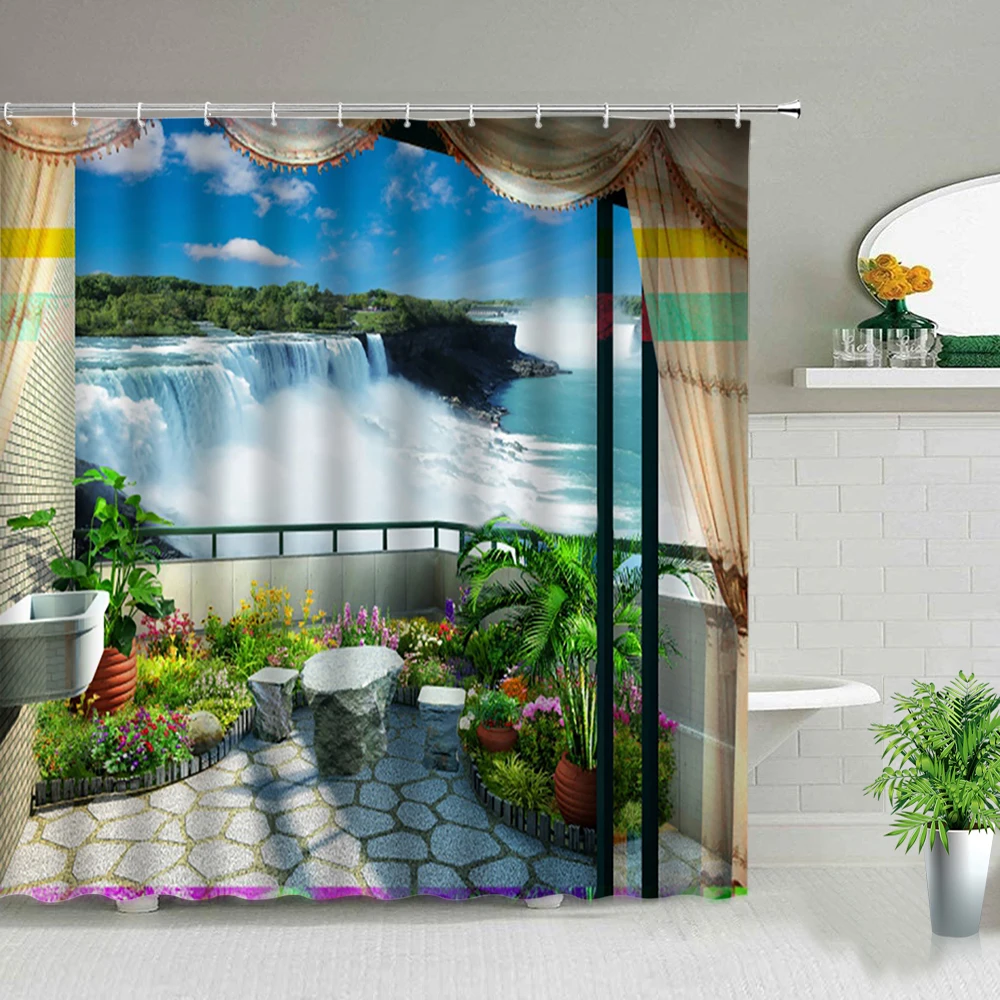 Ландшафтная занавеска для душа пейзаж водопад морской цветок растение декор