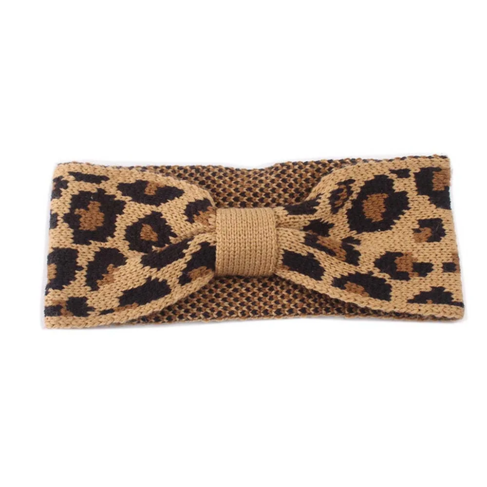 

Fashion Winter Warmer Knitted Headbands Leopard Bowknot Hairband Turban Crochet Wide Chic Hair Styling