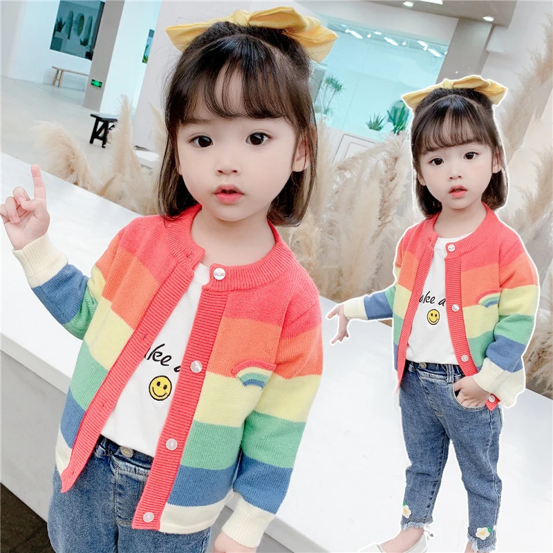 

Hot Item Kids Baby Girls Clothes Cardigan Sweater Rainbow stripes Knitted Coats Cute Toddler Boys Children's Sweater 2021 Korean