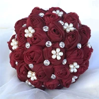 18cm wedding bridal yarn rose bouquets bridesmaid wedding holding artificial flowers with pearl diamond gift buque de noiva 3001