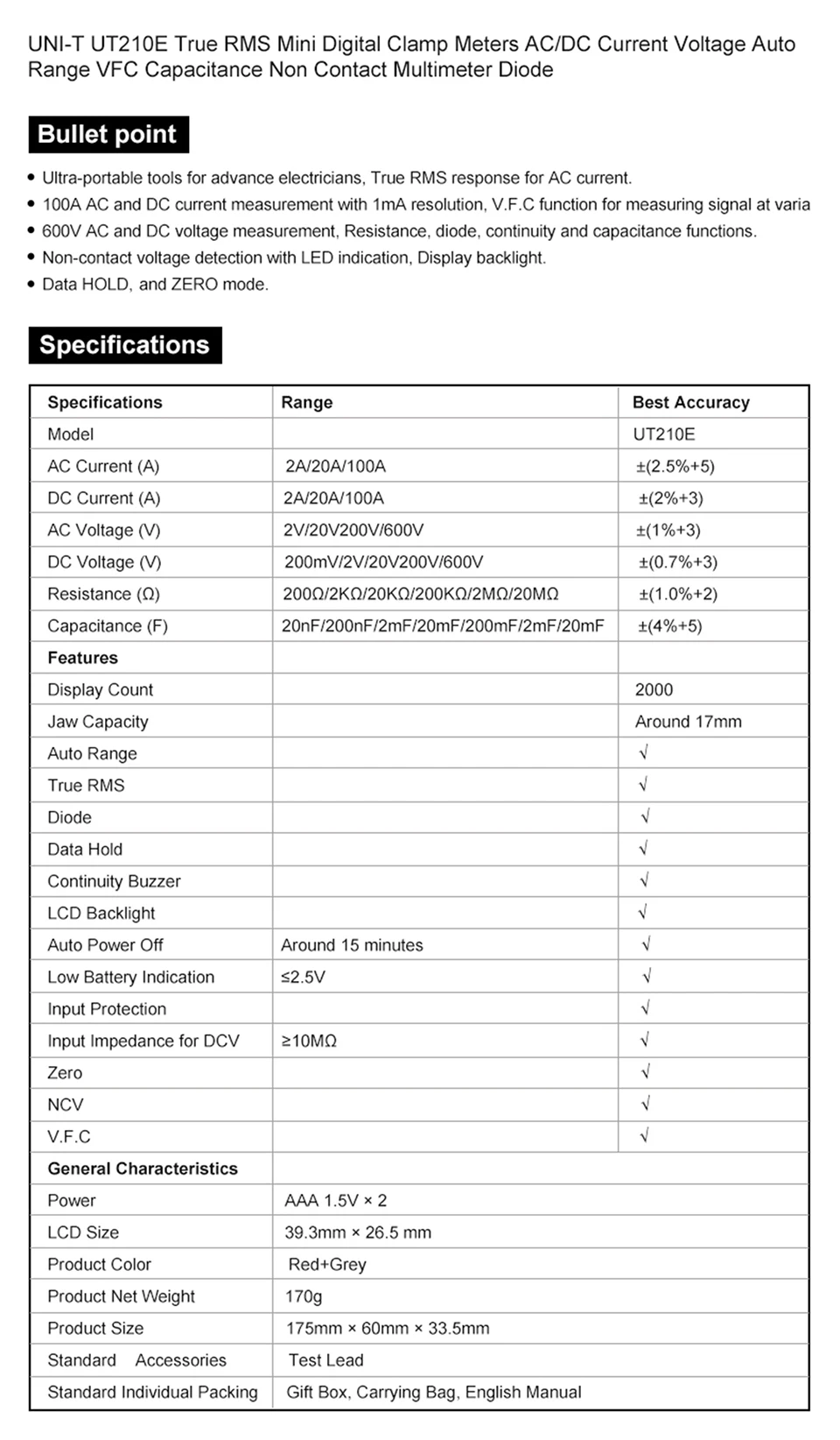 UNI-T UNI T UT210E True RMS мини Цифровые токовые клещи AC/DC напряжение Авто Диапазон VFC емкость Бесконтактный мультиметр