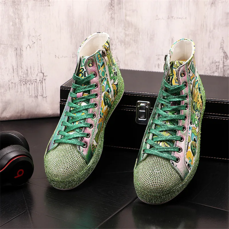 Jual Sepatu Pria Berlian Imitasi Mewah Sneakers Atasan Tinggi Sepatu Bot Pergelangan Kaki Datar Kasual Penambah Tinggi Grafiti Hip-Hop Zapatillas Hombre