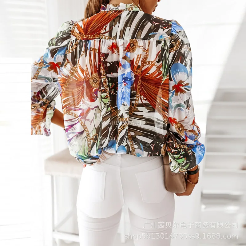 

WEPBEL Women Casual Print Bandage Loose Shirt Top Ladies Elegant Long Lantern Sleeve Stand Collar T-shirt