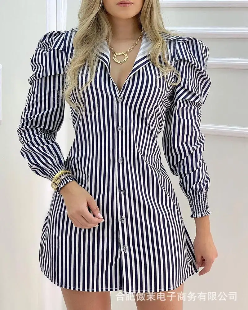 

European and American new style women's striped puff sleeve slim shirt dress