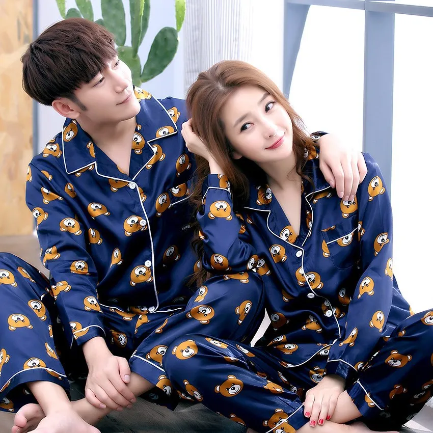 

SLPBELY Couple Pajamas Set Homesuit Spring Silk Cartoon Bear Long Sleeve Men And Women Pyjamas Lovers Homewear Sleepwear Suit