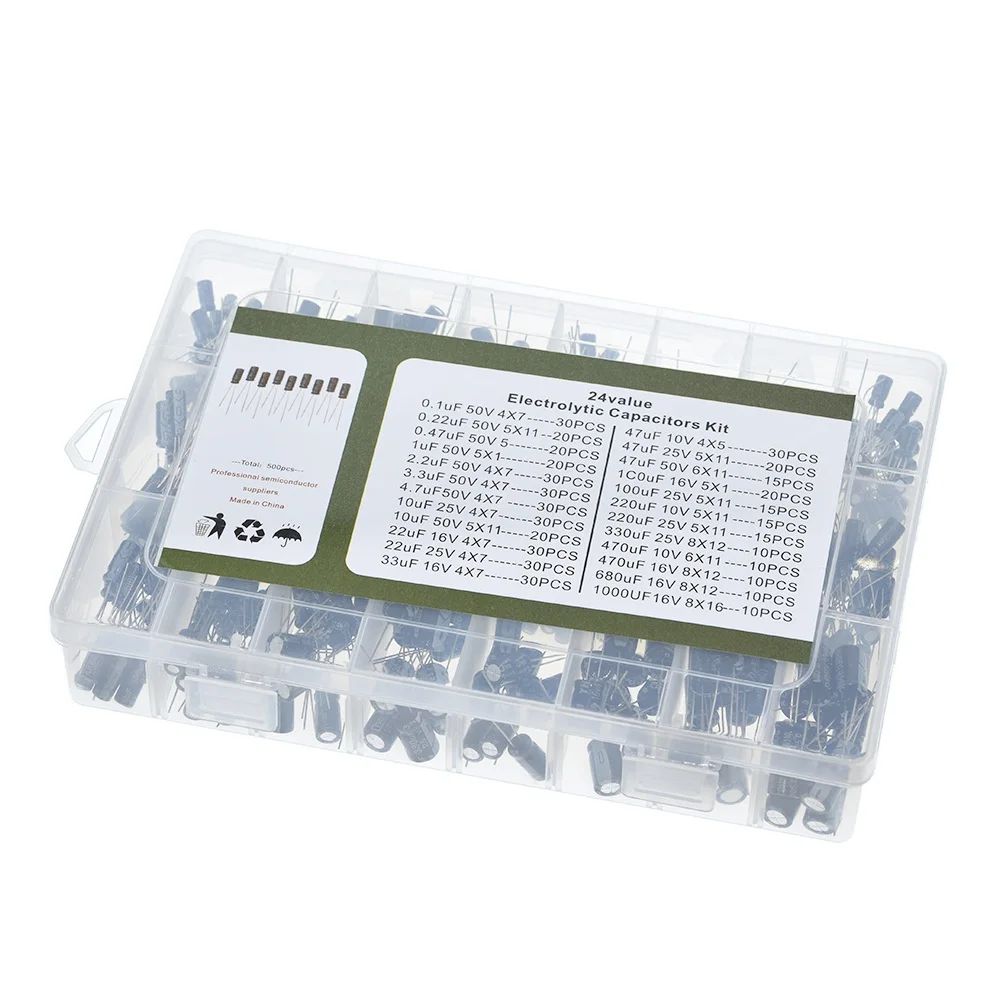 500Pcs/lot 0.1UF 1000UF 24Values Aluminum Electrolytic Capacitors 16 50V mix capacitor Assorted kit and storage box|Конденсаторы| |
