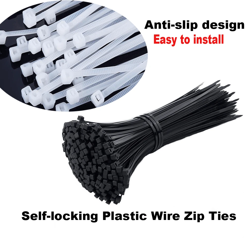 

100 шт., белые/черные нейлоновые кабельные стяжки, самоблокирующиеся пластиковые ремни, фиксированные кабельные стяжки в комплекте, галстуки...