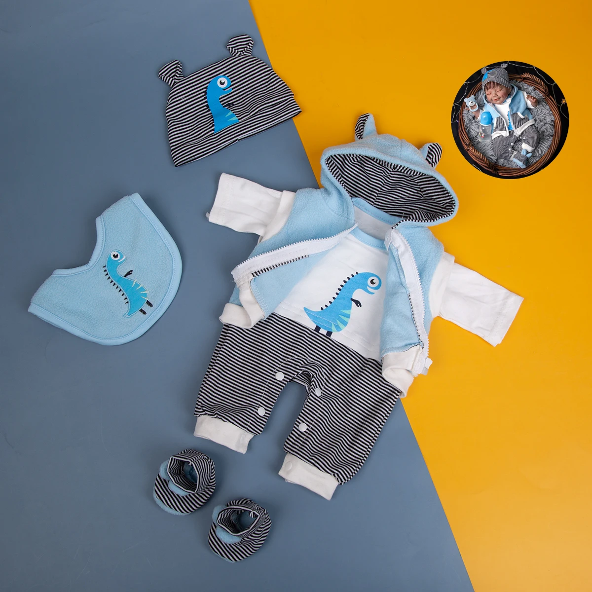 

Cartoon Reborn Baby Doll Clothes Set Suit For 17-18 Inch Dolls High Quality 5 Pieces Dinosaur Reborn Doll Accessories Kids Gift