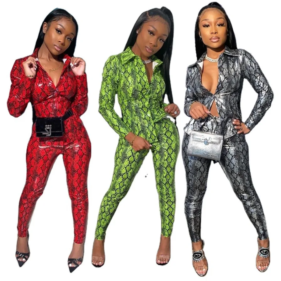 

Serpentine Print Fashion Women Two Piece Autumn Winter Tracksuit Turn Down Collar Long Sleeve Blouse+Skinny Pants Matching Sets