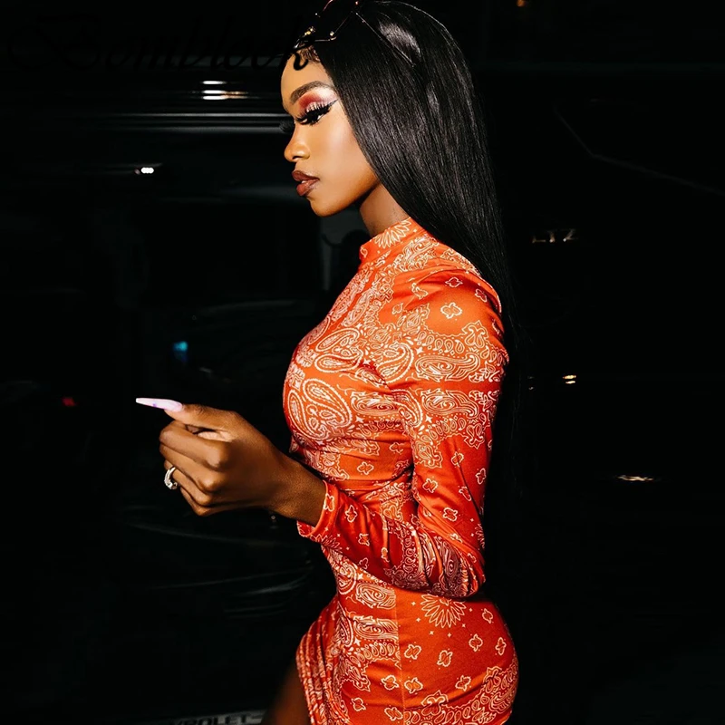 Женское повседневное облегающее платье с принтом длинным рукавом и круглым