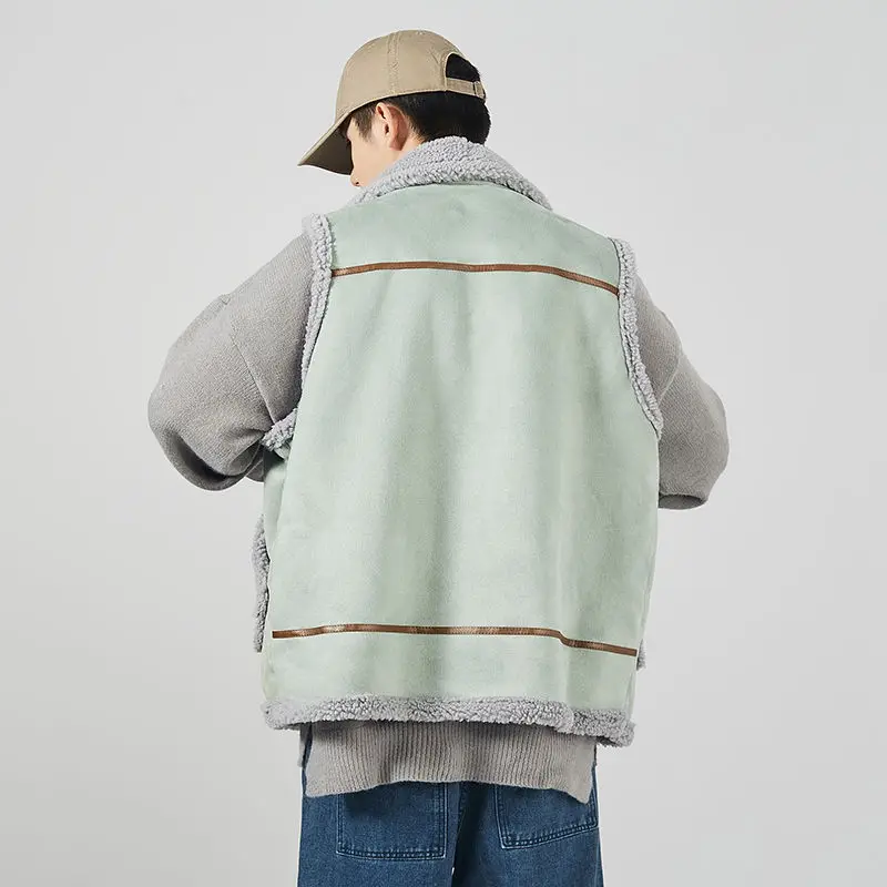 Жилет мужской из плотного меха ягненка осенне-зимний в японском стиле Харадзюку