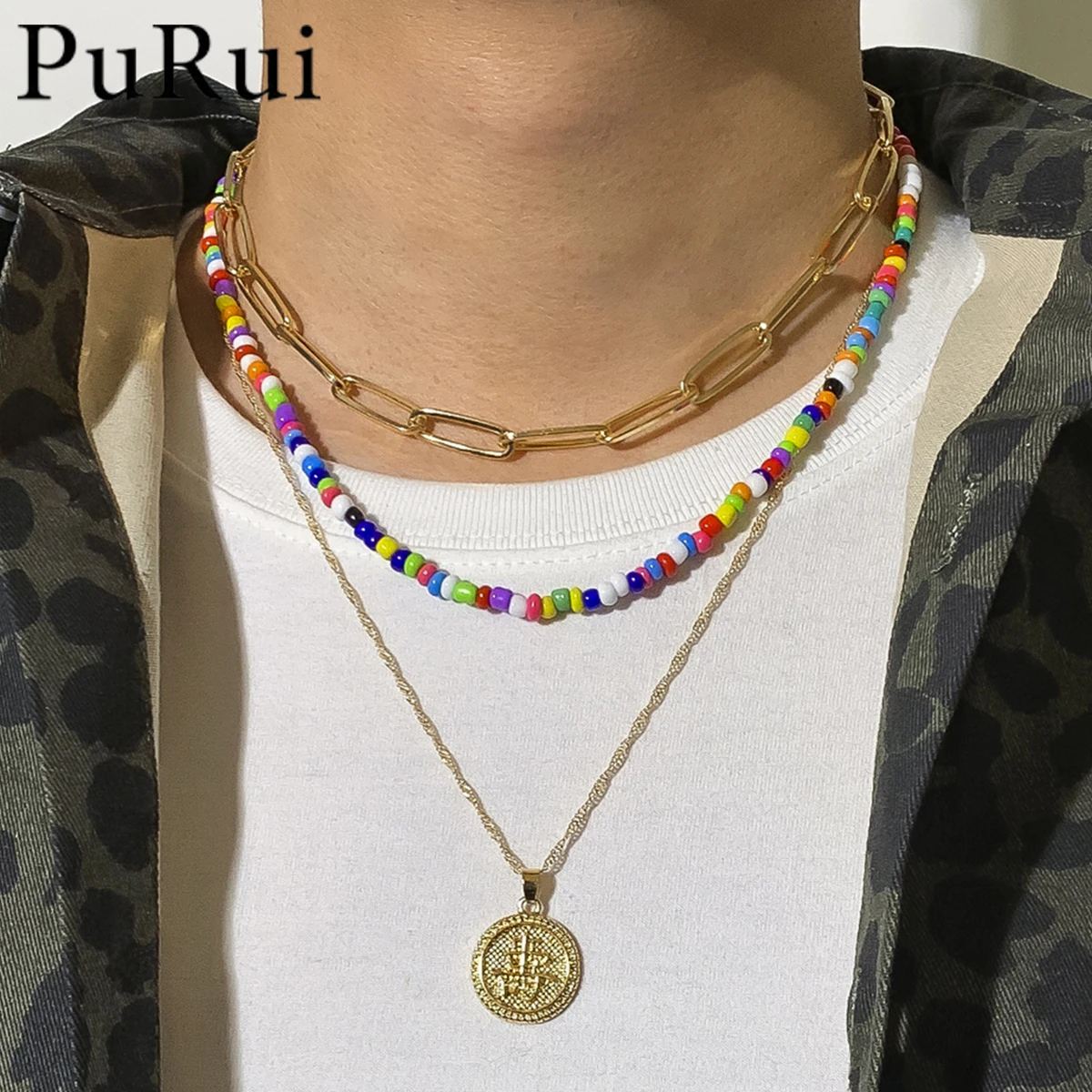 

Boho Multilayer Seed Beads Necklace for Women Coin Pendant Necklaces Choker Colorful Beaded Collier Homme Mother's Day 2021 Gift