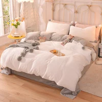 White Ball Winter Pure color rabbit velvet Soft Plush Fleece Bedding Set Cotton Duvet Cover Bed Linen Fitted Sheet Pillowcases