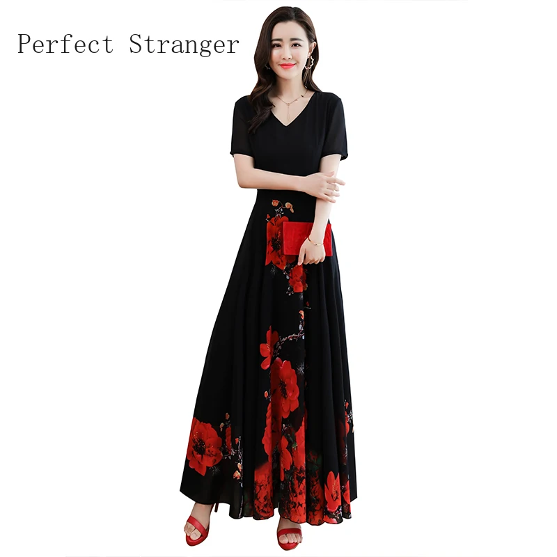 

2020 Summer New Arrival V Collar Short Sleeve Plus Size S-3XL Women Flower Printed Chiffon Long Dress