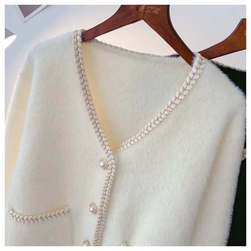 

Chic Sweet Faux Mink Fur Fleece jacket Women Korean V-Neck Long Sleeve Cardigan Coat Elegant Vintage Pearl Button Outerwear 2021