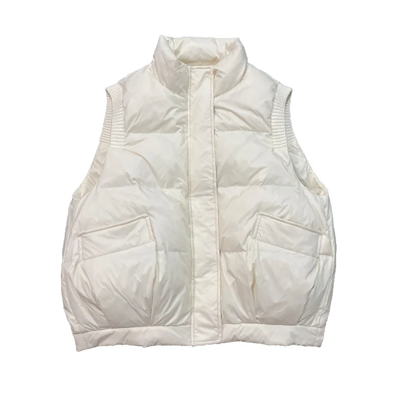 

white duck down jacket 2021 new down vest women's light and thin short stand collar knitted threaded cuff waistcoat