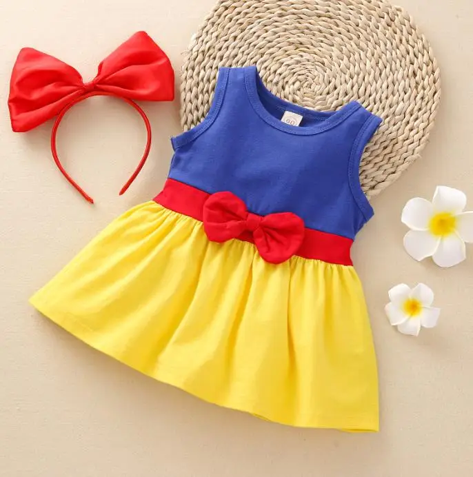 

Летнее платье принцессы для маленьких девочек, наряды для девочек, платье без рукавов с круглым вырезом и цветными блоками, повязка на голов...