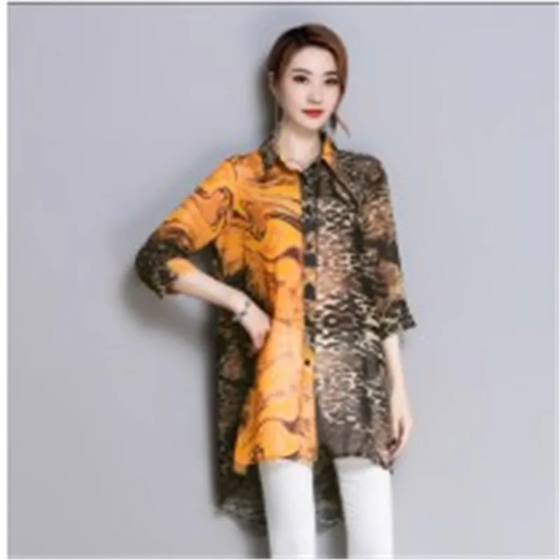 Женская шифоновая блузка с леопардовым принтом Длинная тонкая рукавом 3/4 и