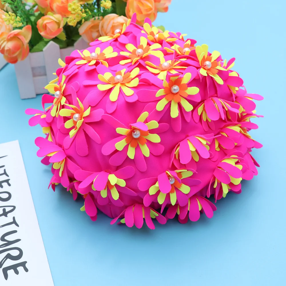 

Adult Swimming Cap Floral Pearl 3D Flower Design Swimming Hat Ear Protection Free Size Bathing Cap )