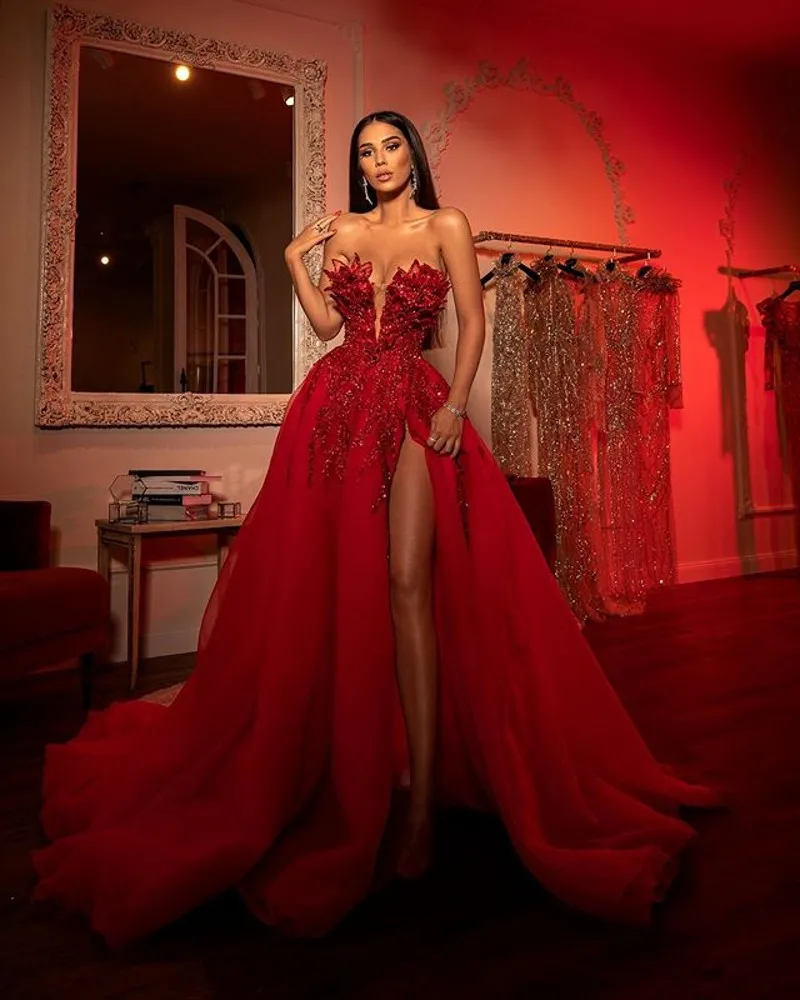 

Sexy Red Sweetheart Prom Dresses Split Side Tulle Formal Party Dress for Wedding Evening Gowns Vestidos De Soiree