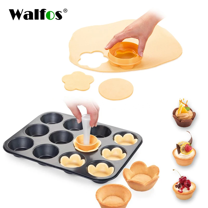 

WALFOS Plastic Pastry Tamper Tart Shell Molds Tart Cutter Flower/Round Dough Cookie Cutter Set Cupcake Mold for Muffin/Cupcake