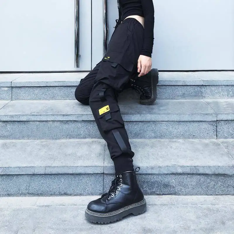 

Spring Women BLACK Army Cargo Pants Unisex Hip Hop Sashes Trousers BF Harajuku Joggers High waist overalls loose casual pants